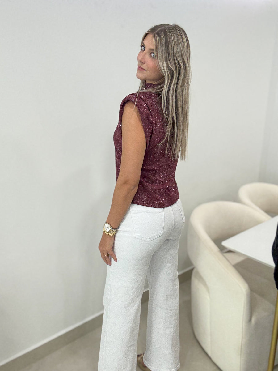 BURGUNDY GLITTER MOCK NECK BLOUSE
