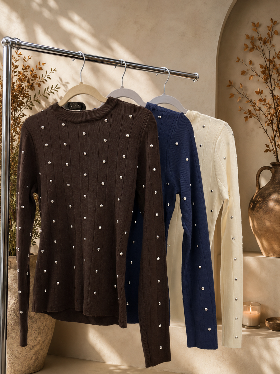 STUDDED LONG SLEEVE KNITTED TOPS