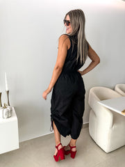 BLACK ZIPPER FRONT BARREL JUMPSUIT