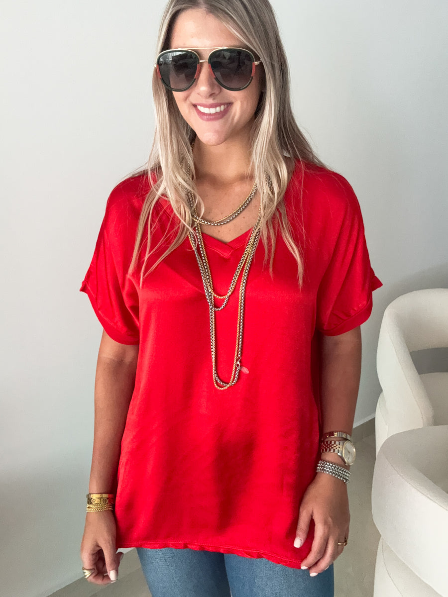 RED SILKY BLOUSE