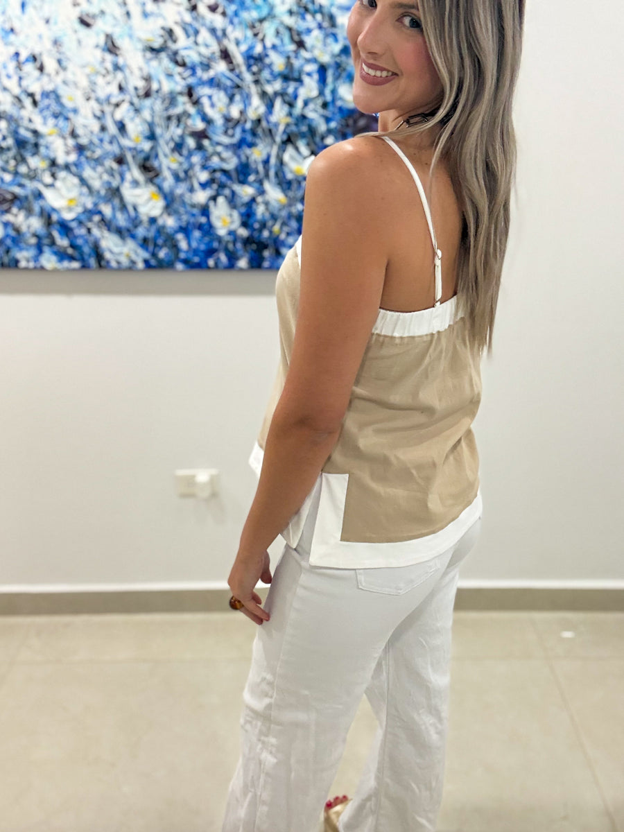 BEIGE AND WHITE STRETCHY TOP