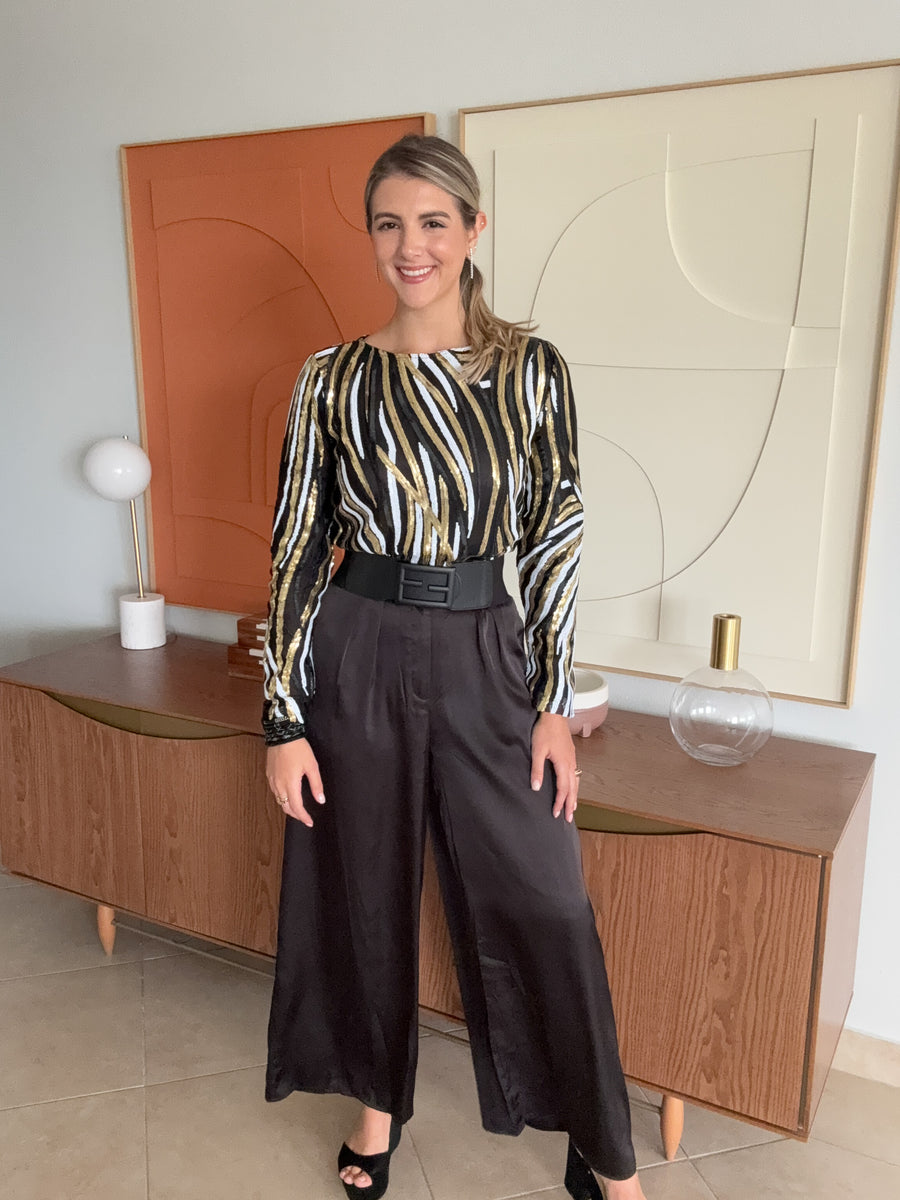 BLACK SATIN HIGH WAISTED PANTS