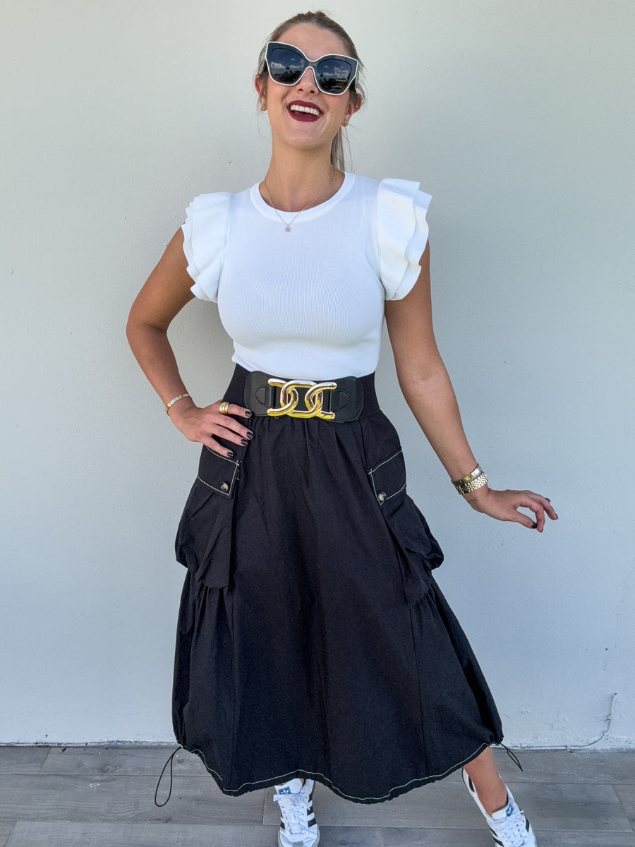 BLACK PARACHITE MIDI SKIRT