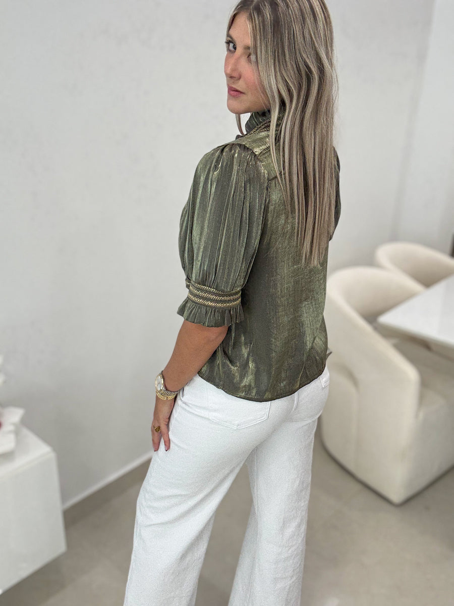 OLIVE/GOLD SATIN ELEGANT BLOUSE