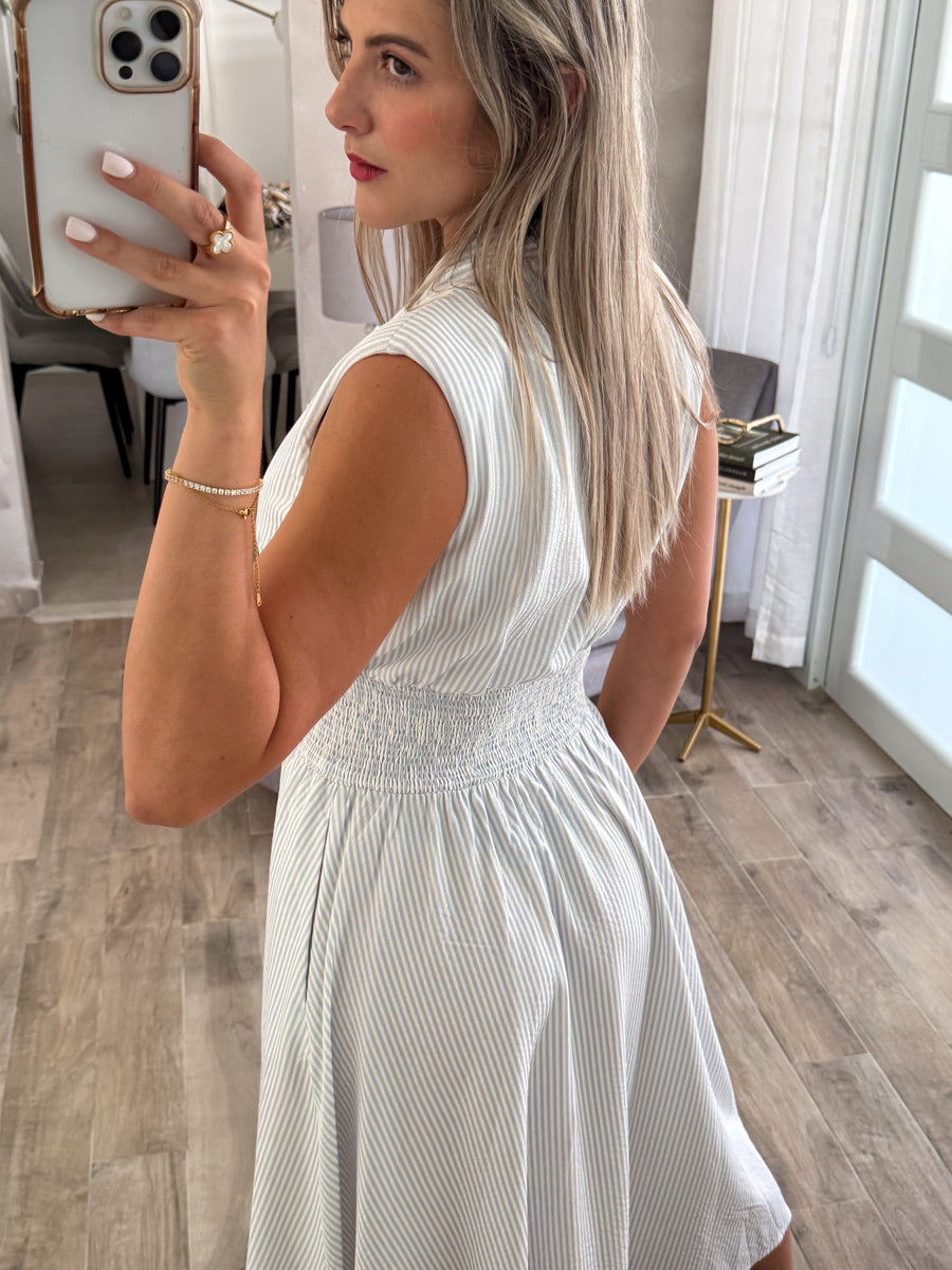 BLUE/WHITE STRIPED ZIPPER MIDI DRESS