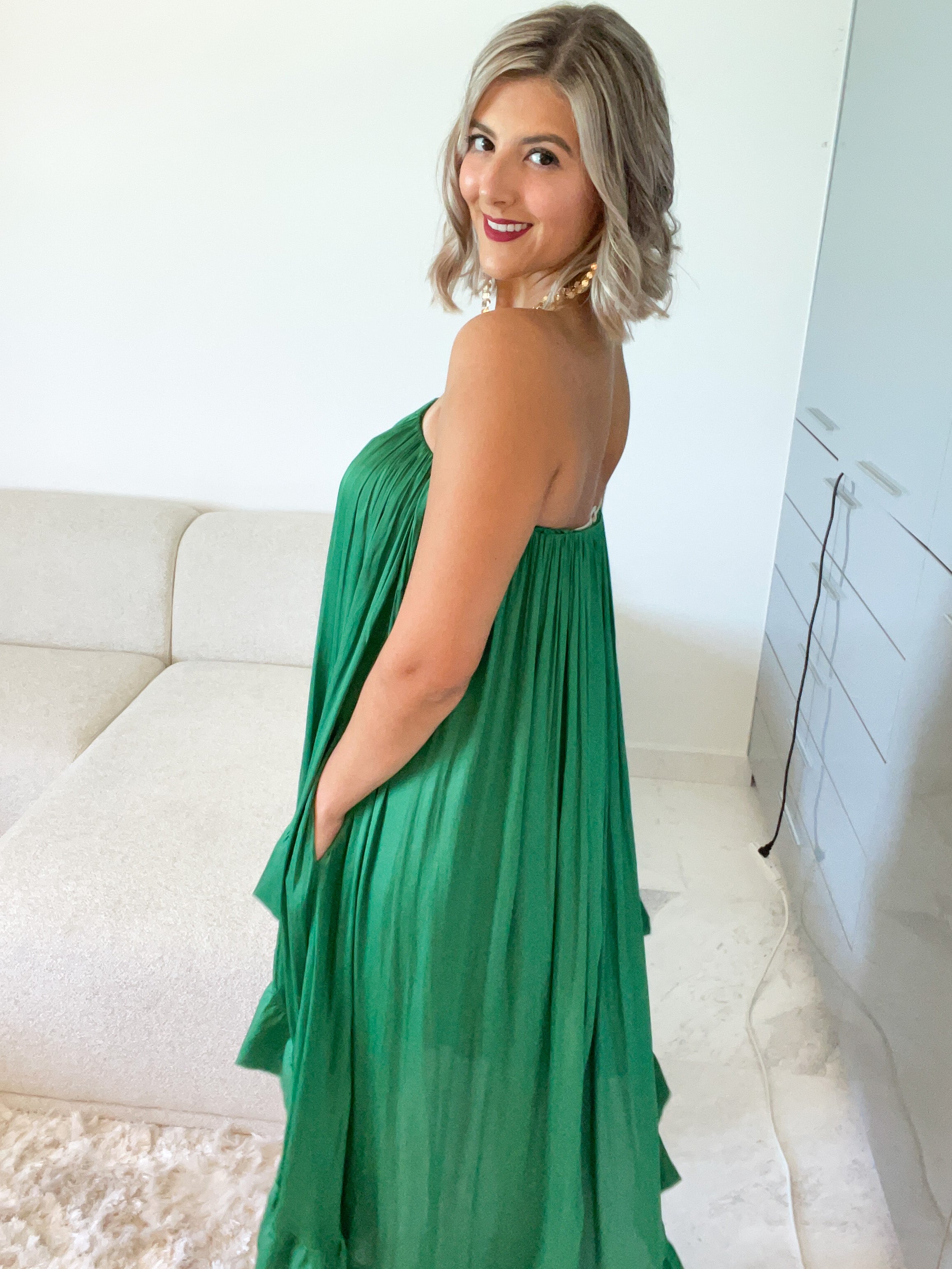 KELLY GREEN SATIN STRAPLESS HIGH LOW DRESS