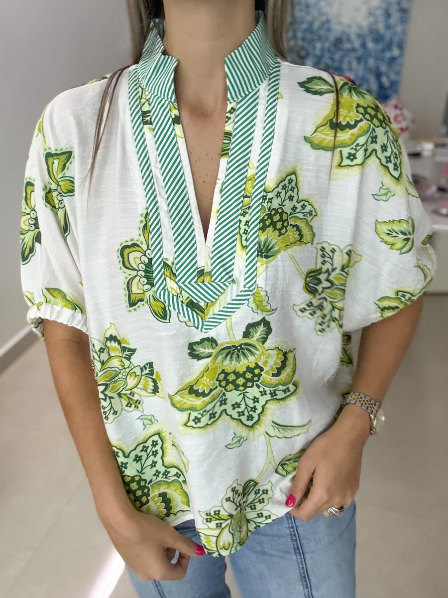 GREEN/WHITE FLORAL PRINT TUNIC BLOUSE