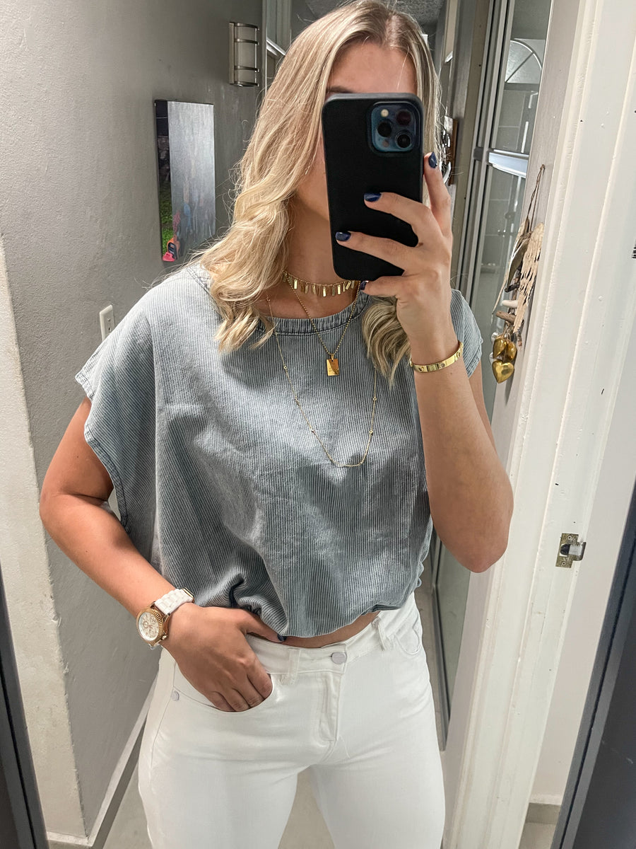 LIGHT DENIM STRIPED ADJUSTABLE BLOUSE