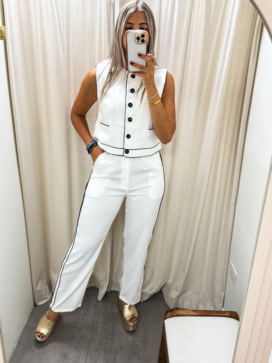 WHITE/BLACK CONTRAST VEST & PANTS SET