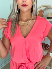 CORAL SILKY CUFF DETAIL CROP TOP