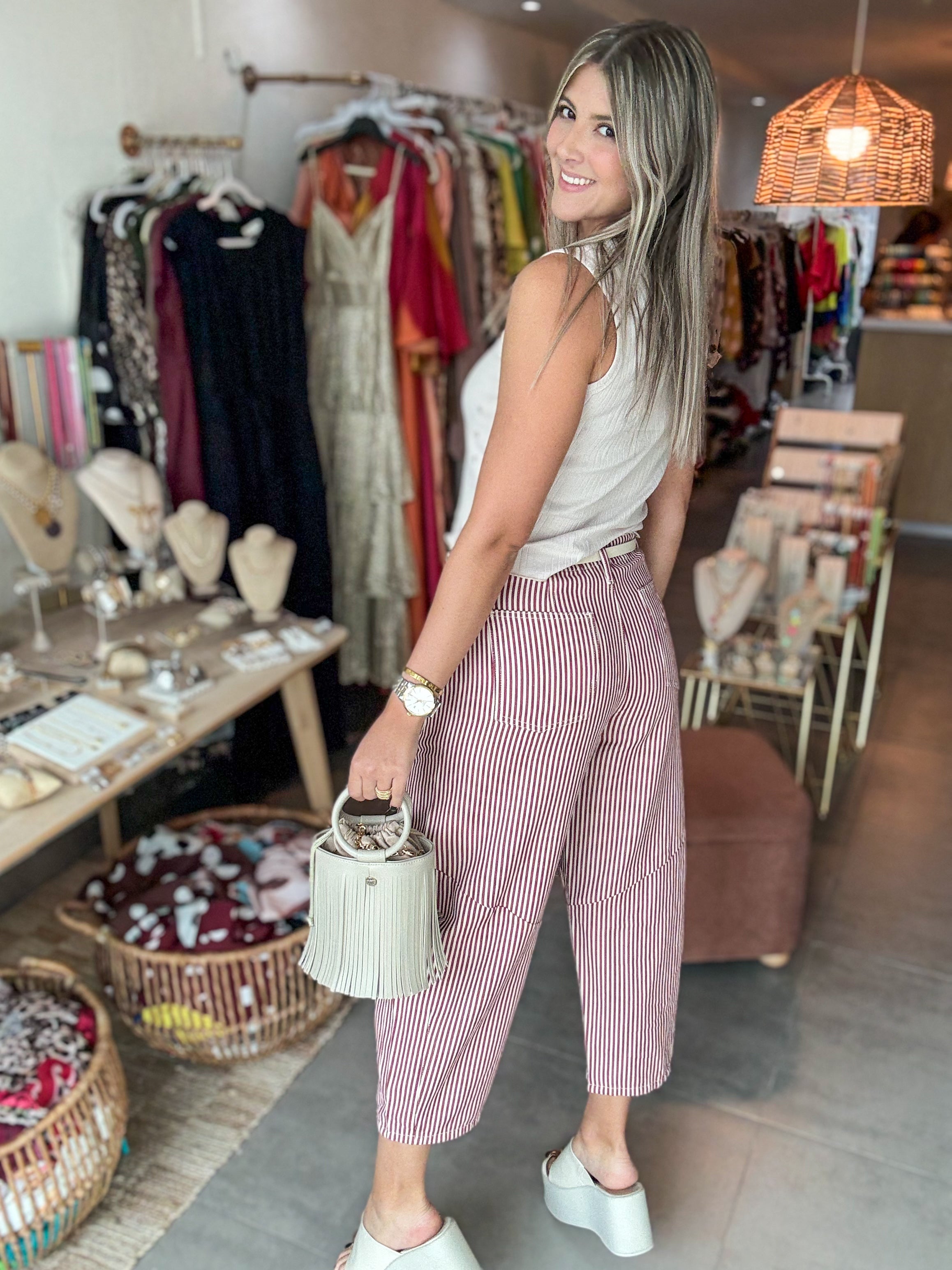 WINE STRIPED BARREL PANTS