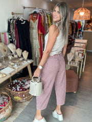 WINE STRIPED BARREL PANTS