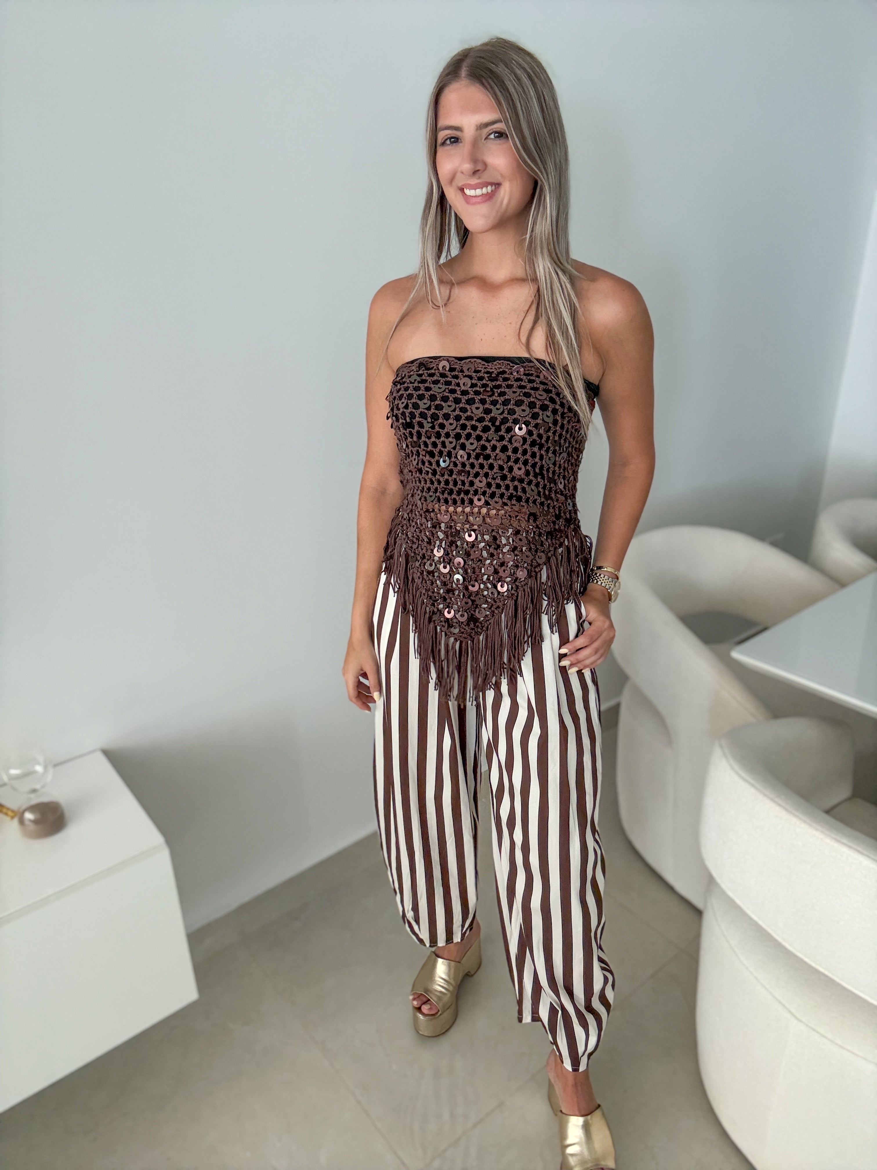 CHOCOLATE STRIPED BARREL PANTS
