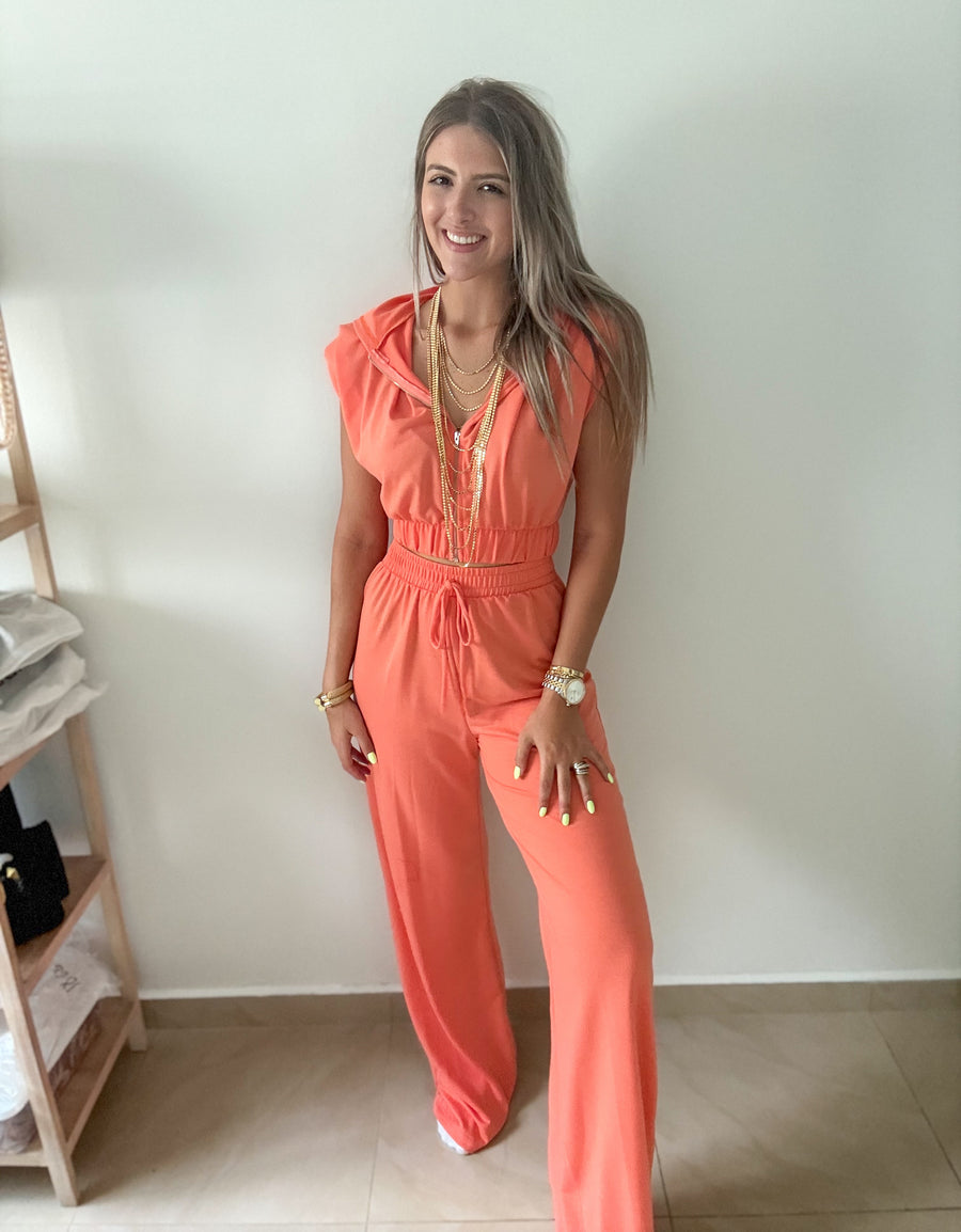CORAL TRAVEL HOODIE CROP TOP & HIGH WAIST PANT SET
