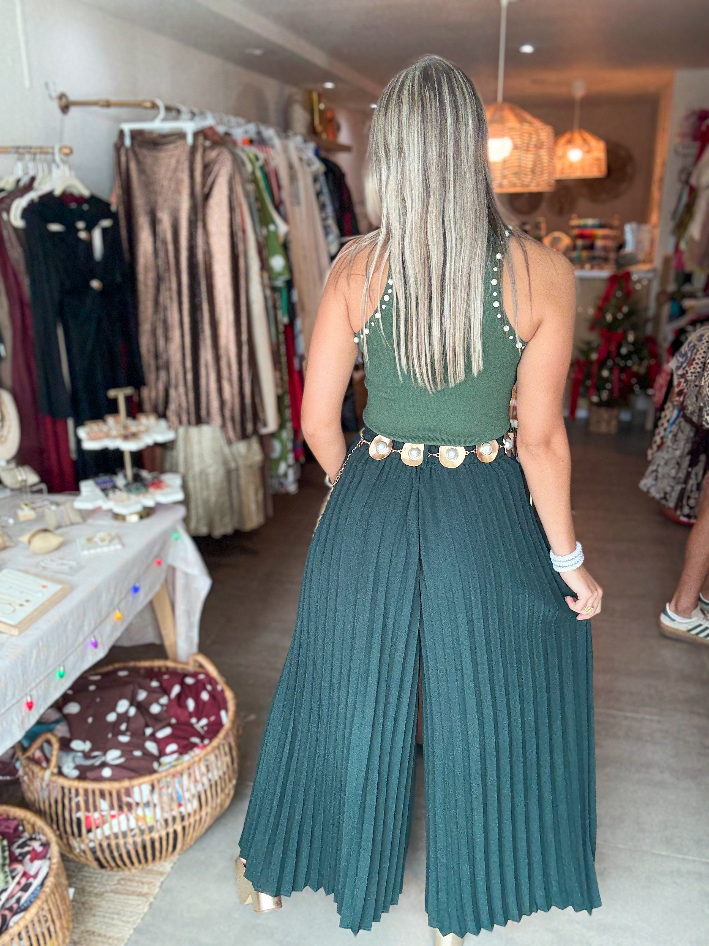 GREEN PLEATED BELTED WIDE LEG PALAZZOS