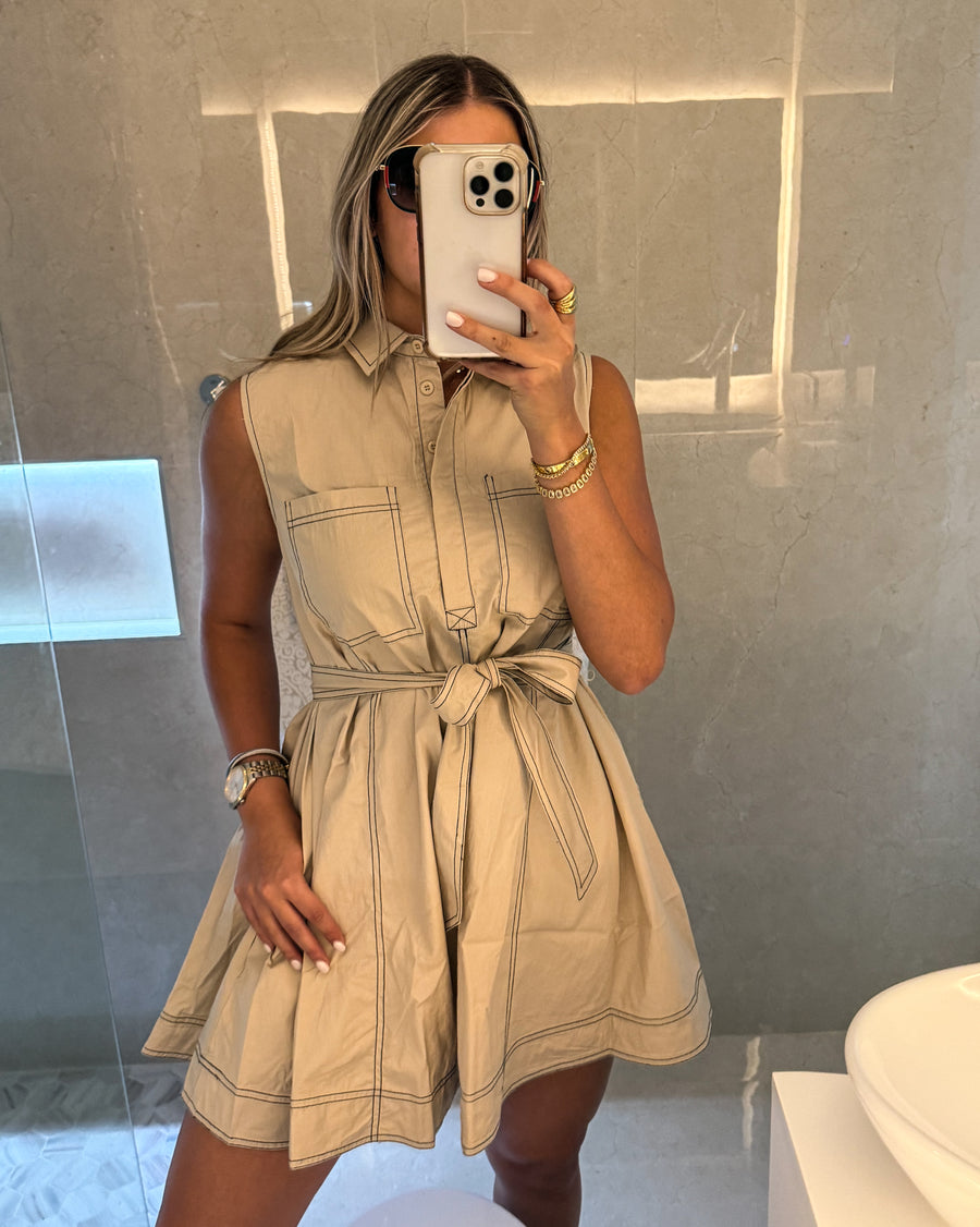 TAUPE STITCHING SLEVEELESS DRESS