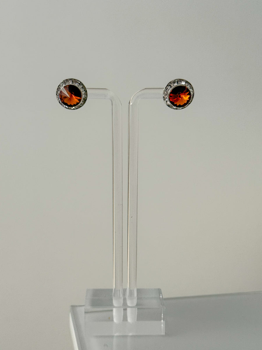 BROWN/CLEAR ZIRCONIA EAR STUD EARRINGS