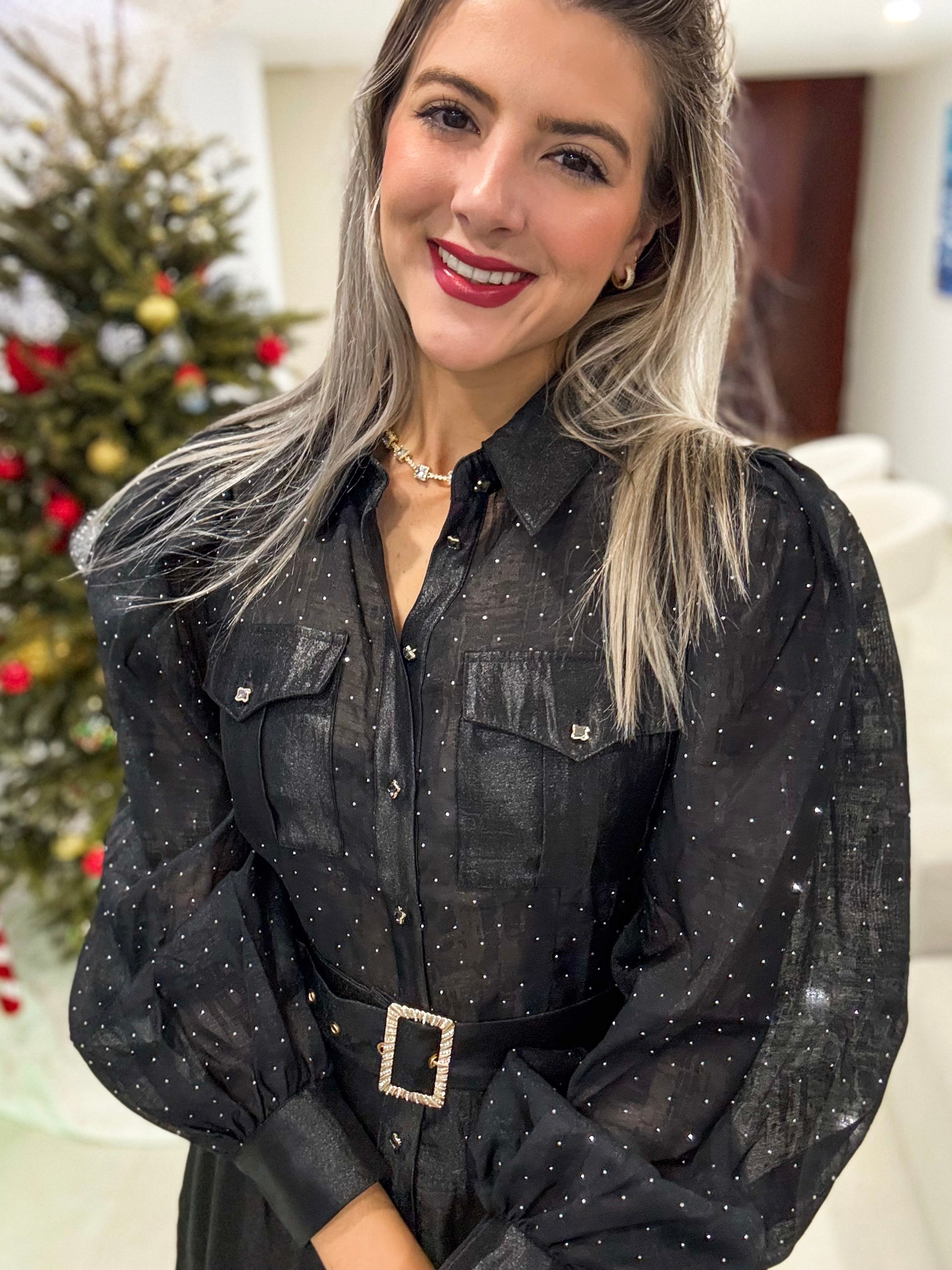 BLACK RHINESTONES LONG SLEEVE DRESS