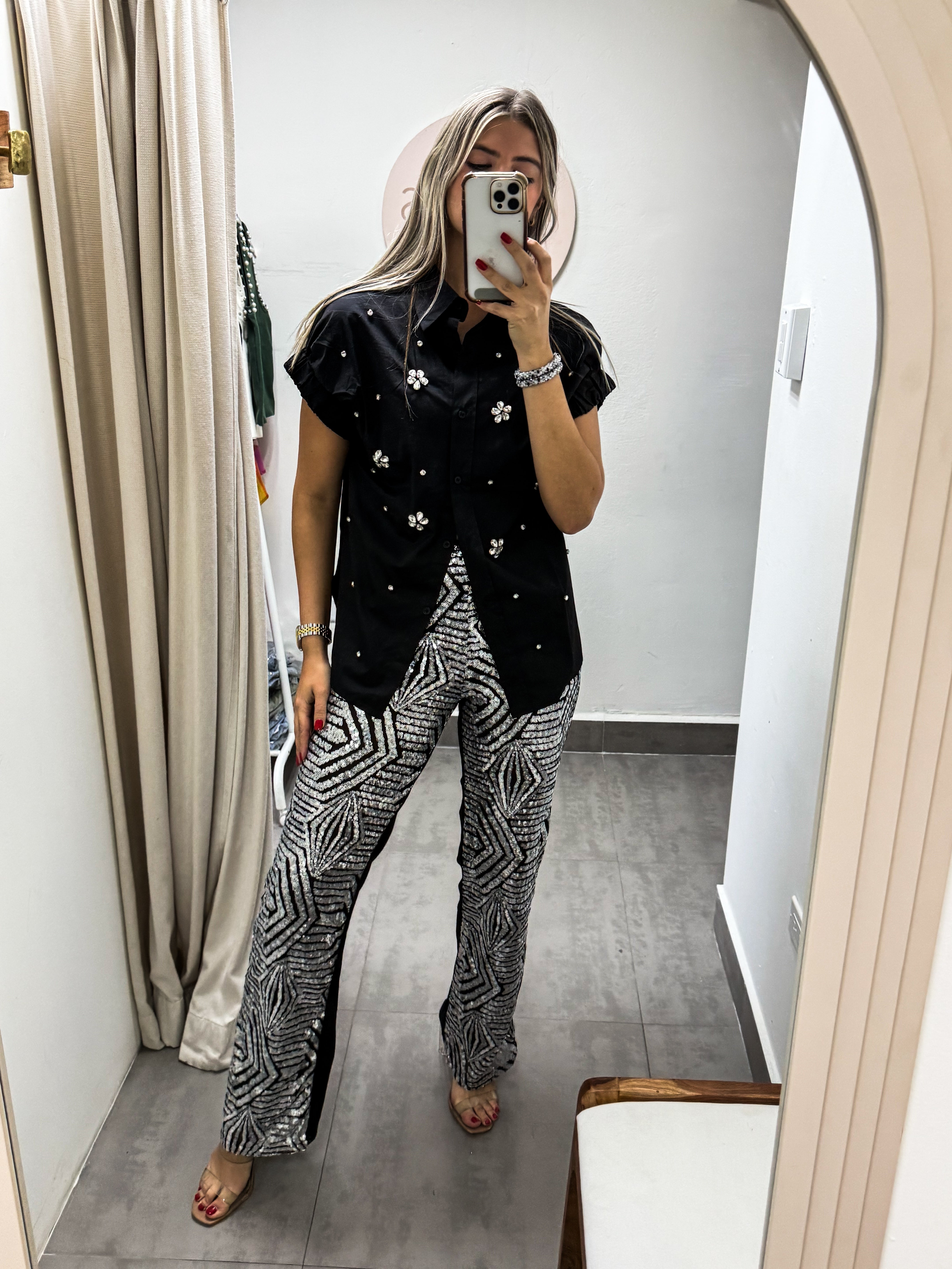 BLACK/SILVER SEQUIN STRETCHY PANTS