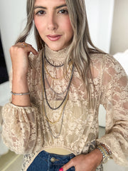 BEIGE STRETCHY LACE HIGH LOW TOP