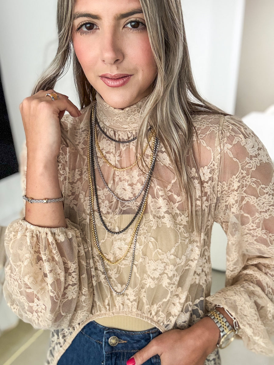 BEIGE STRETCHY LACE HIGH LOW TOP