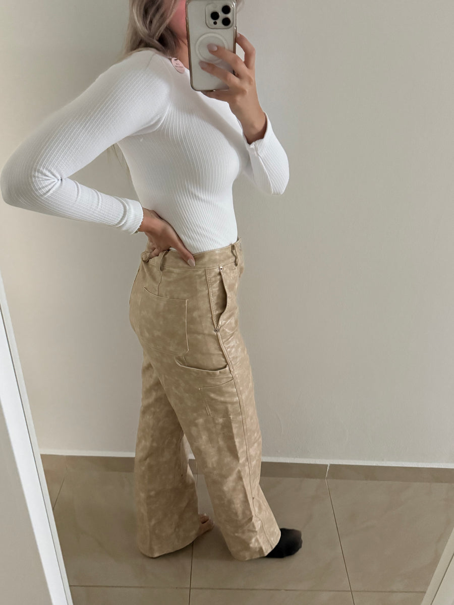 BEIGE LEATHER CARPENTER PANT