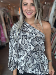 ONE SHOULDER SNAKE PRINT BLOUSE