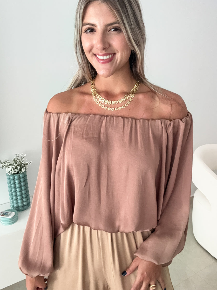 MOCHA SATIN OFF SHOULDER BLOUSE