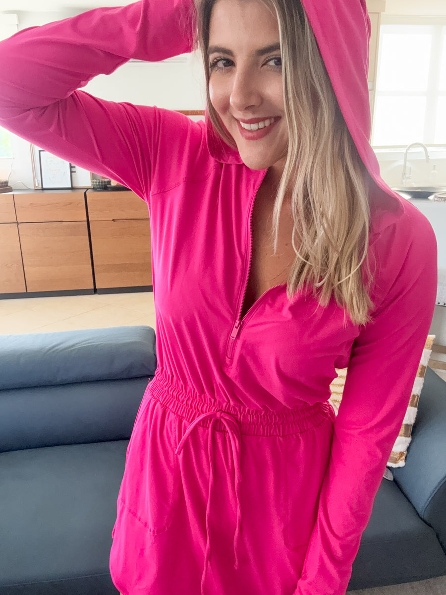 HOT PINK STRETCHY HOODIE ROMPER