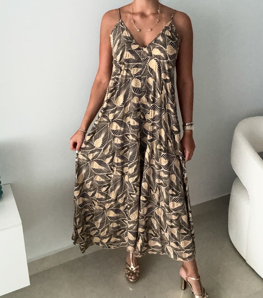 GOLD/BLACK LEAF MAXI DRESS