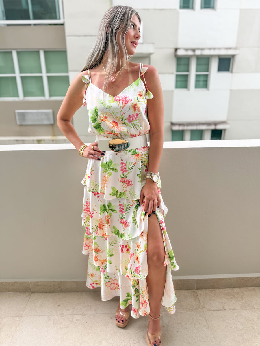 IVORY FLORAL PRINT RUFFLE MAXI SKIRT