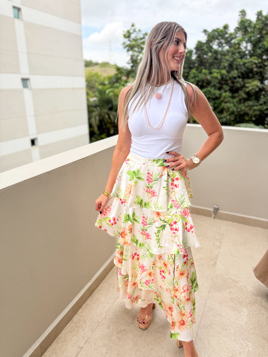 IVORY FLORAL PRINT RUFFLE MAXI SKIRT