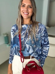 BLUE DENIM STAR SWEATER BLOUSE