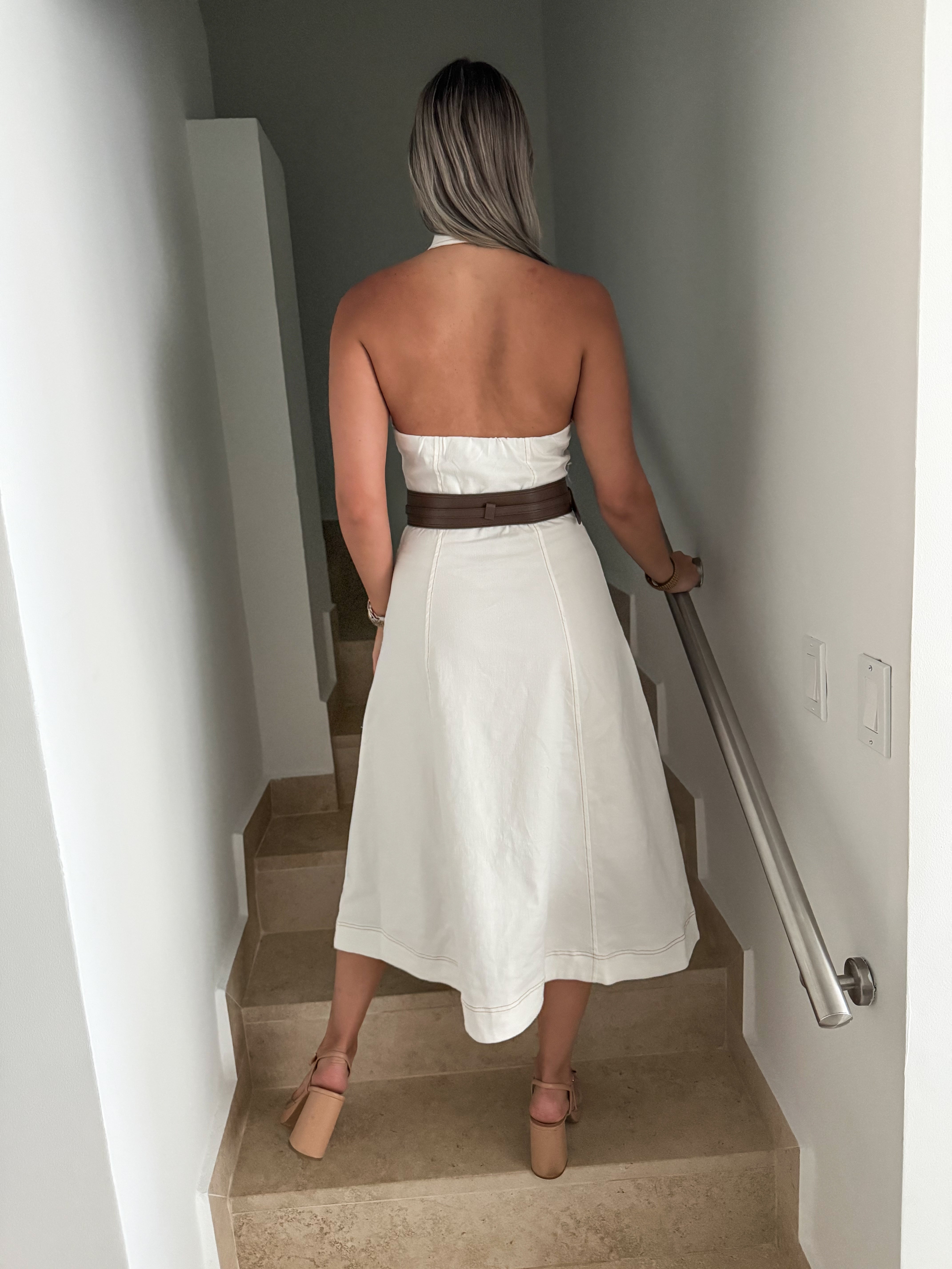 WHITE STRETCHY DENIM BELTED HALTER MIDI DRESS