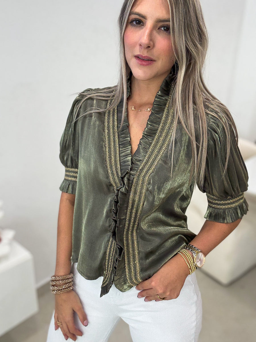 OLIVE/GOLD SATIN ELEGANT BLOUSE
