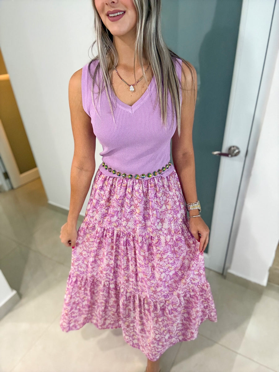 LILAC MIXED FABRIC TANK MIDI DRESS