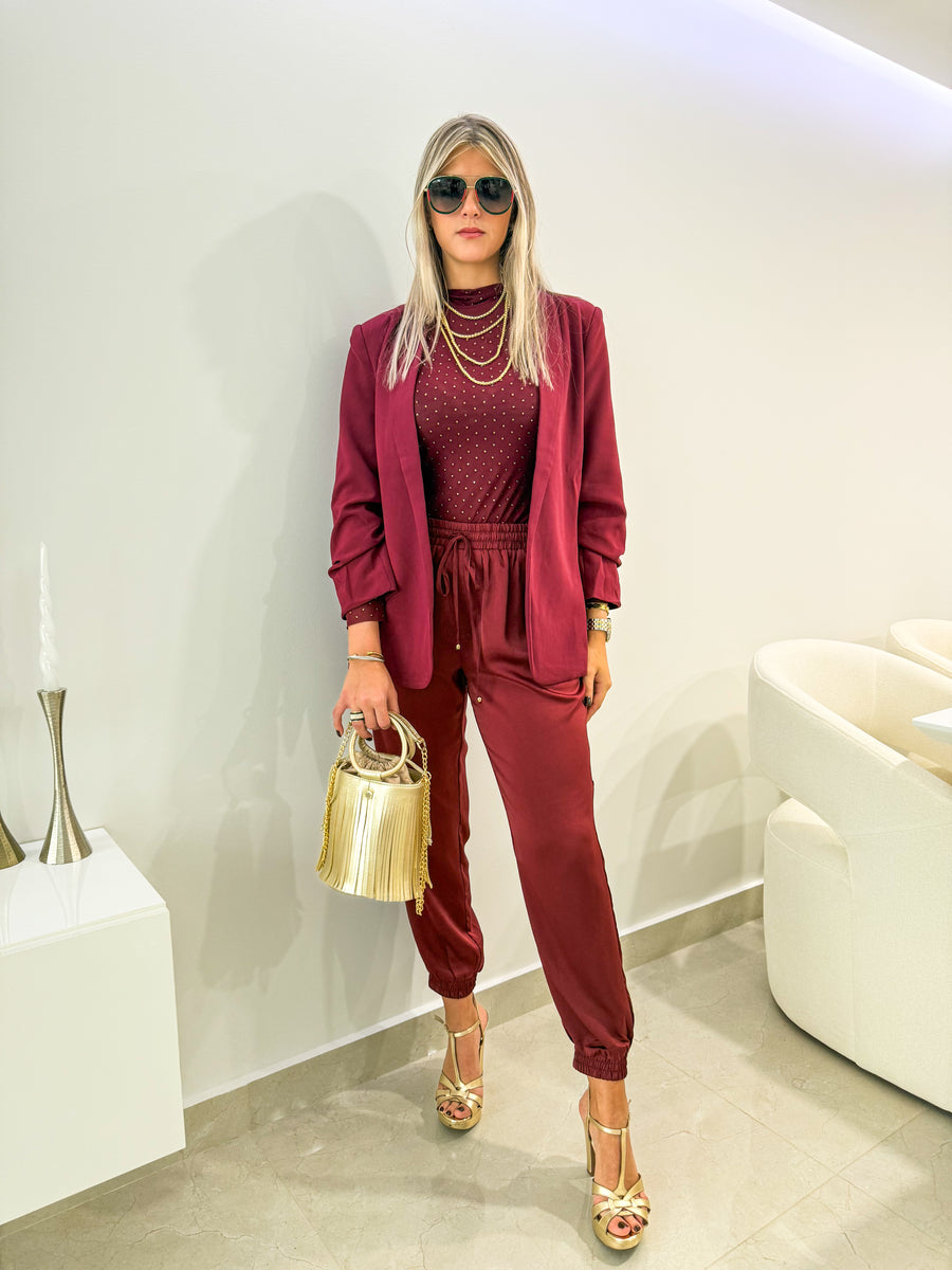 WINE MESH RHINESTONES BLOUSE