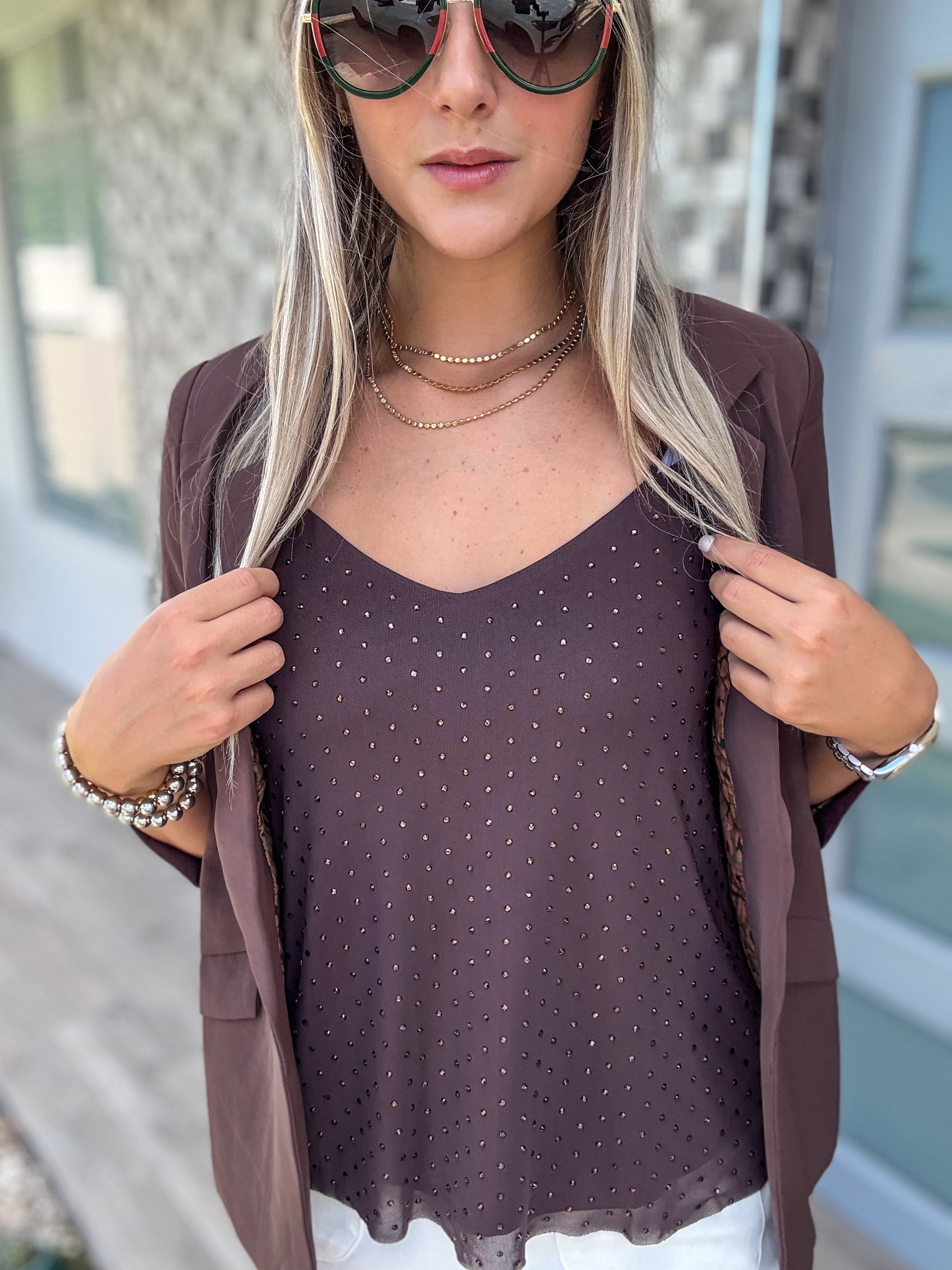 BROWN DOUBLE MESH RHINESTONES TANK TOP