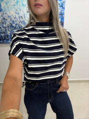 STRIPED NAVY MOCK NECK TOP