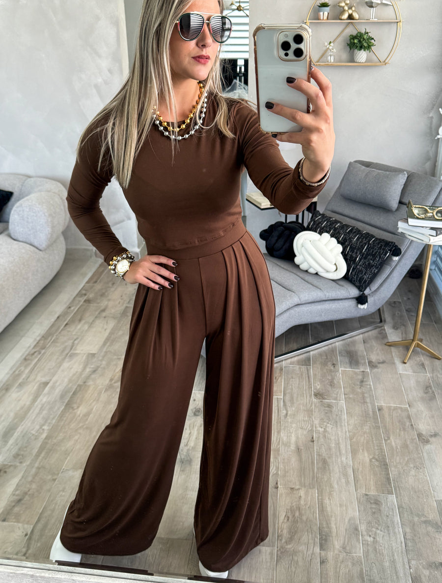 CHOCOLATE LONG SLEEVE CROP TOP & HIGH WAISTED PANT SET