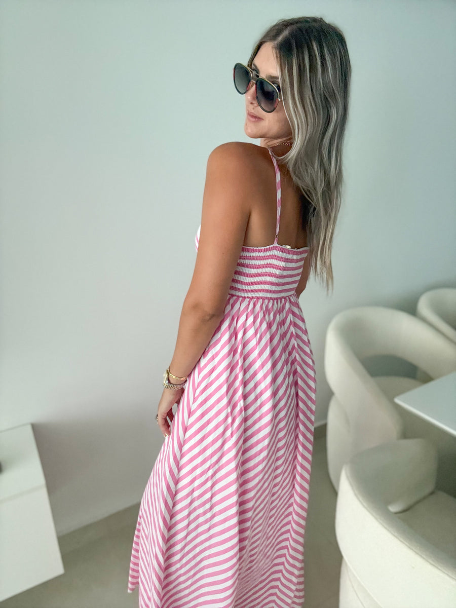 PINK STRIPED EMBROIDERED DETAIL MAXI DRESS