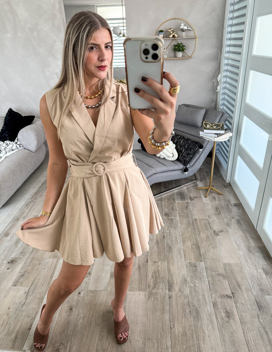 KHAKI BELTED SHORT DRESS