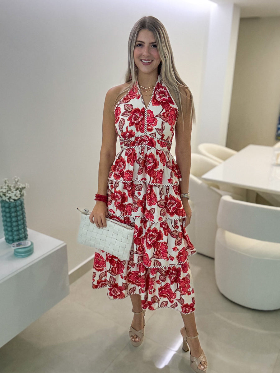 RED/WHITE HALTER PRINTED RUFFLE MIDI DRESS