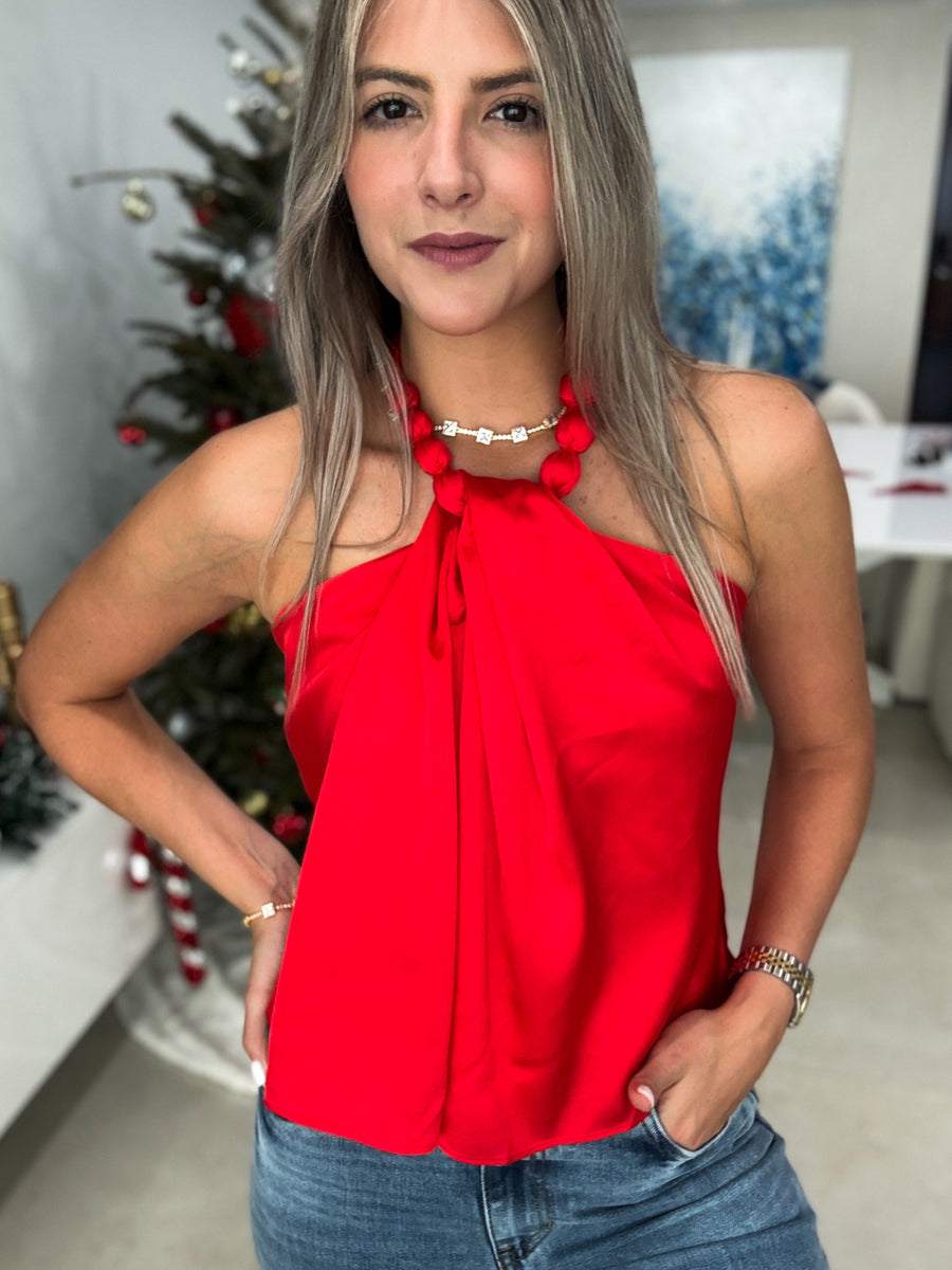 RED SATIN BALL HALTER BLOUSE