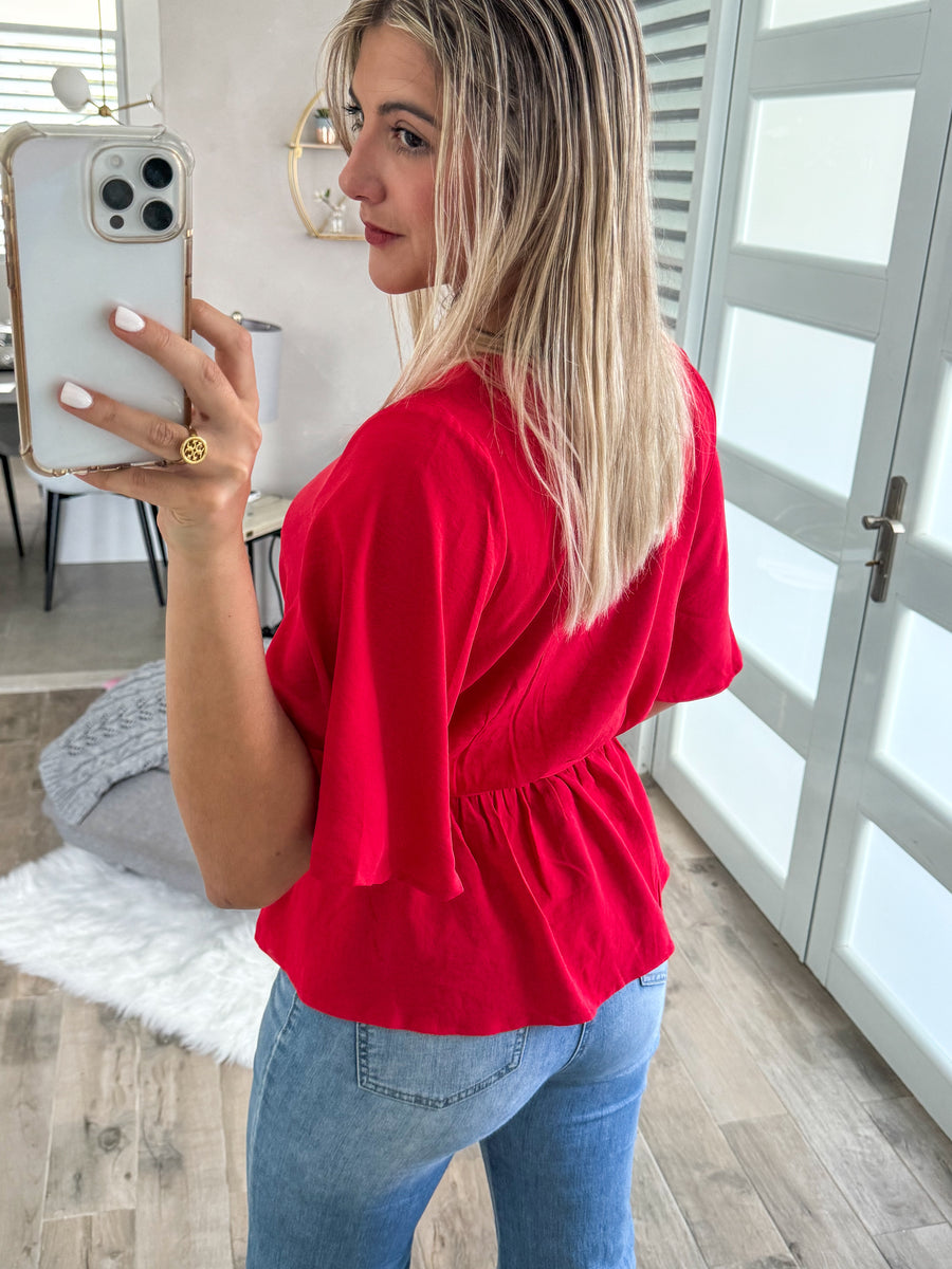 RED SURPLICE BLOUSE