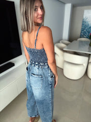 2-IN-1 DENIM STRETCH BARREL JUMPSUIT