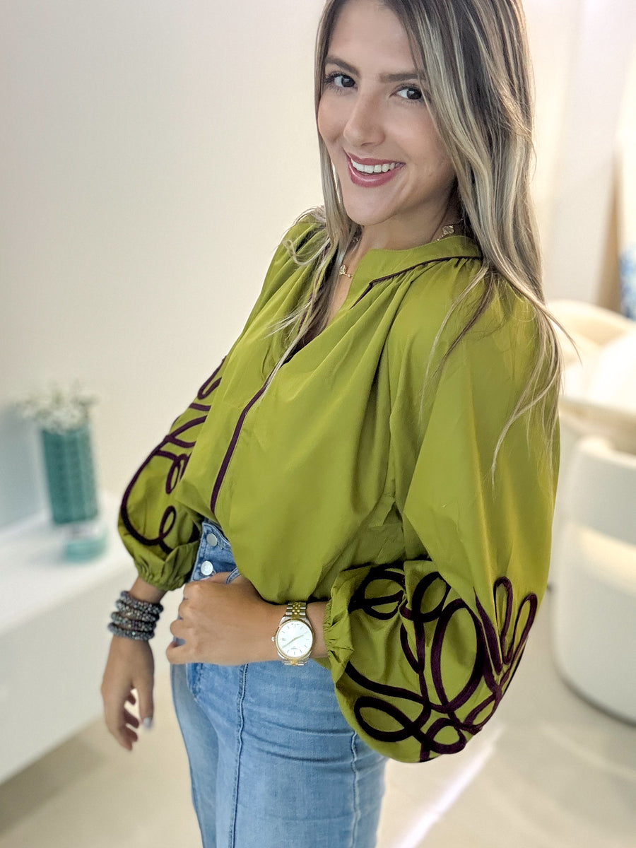 GREEN/PLUM DETAILED BLOUSE