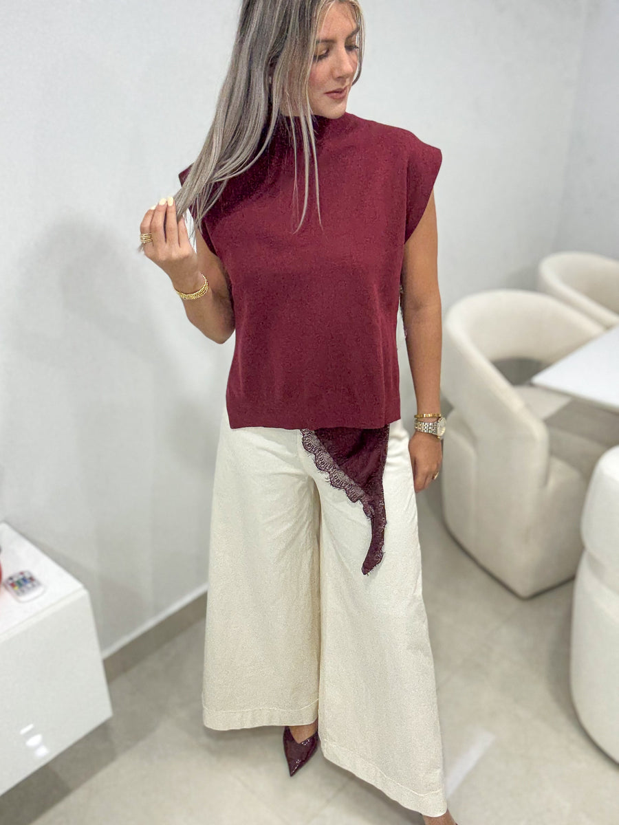 WINE MOCK NECK KNITTED BLOUSE