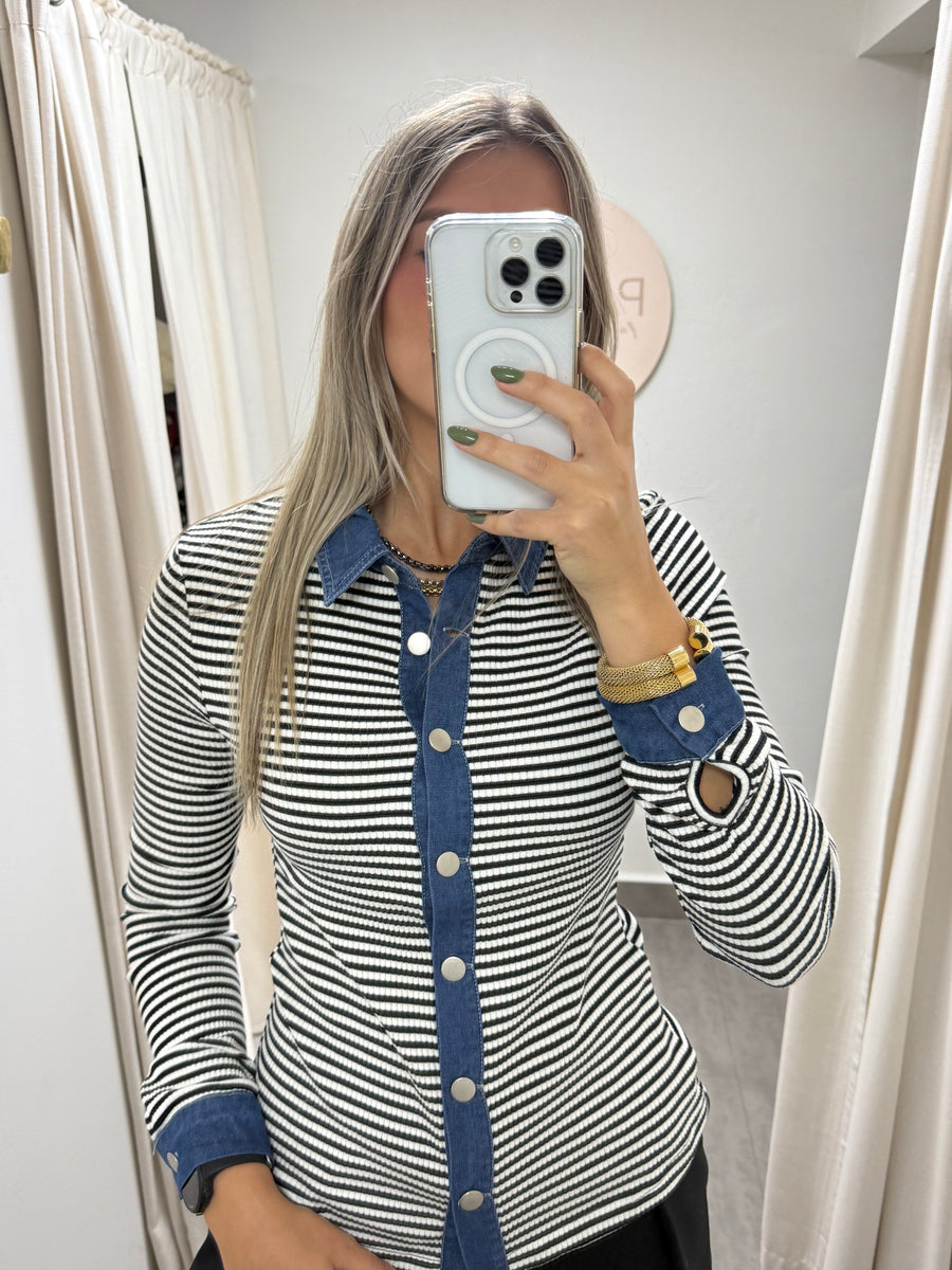 BLACK STRIPED DENIM LONG SLEEVE TRIM TOP