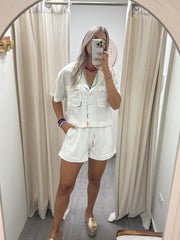 WHITE COLORFUL BORDER TOP & SHORTS SET